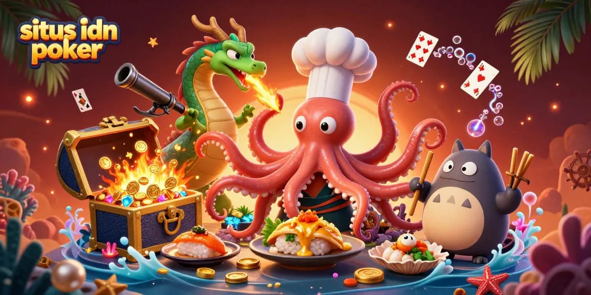 Permainan situs idn poker dengan karakter unik, koki sushi berinteraksi di dunia kasino yang penuh warna.