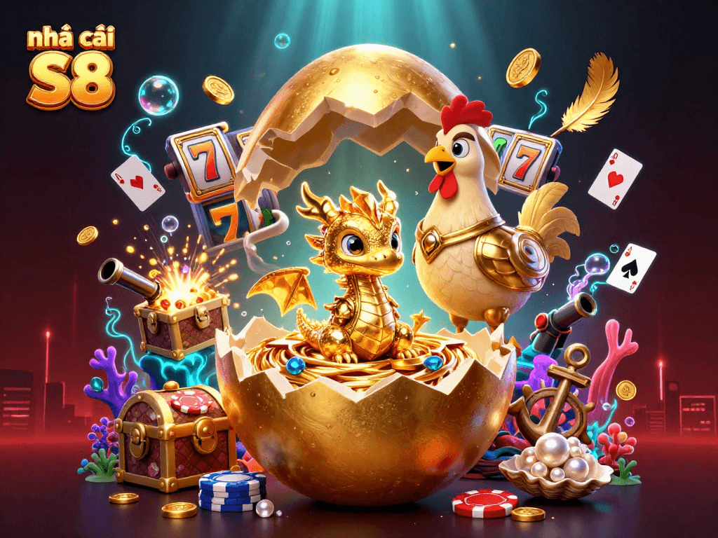 Capture exciting gameplay at nhà cái S8 with the golden dragon and treasure-themed casino illustration.