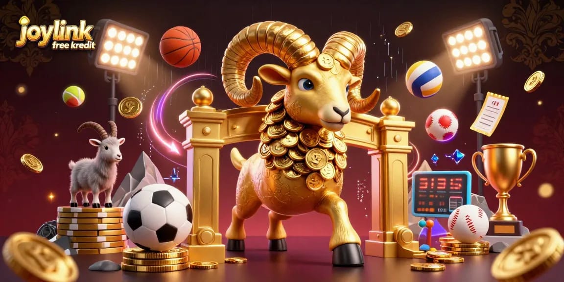 Engage with joylink free kredit through an energetic casino scene filled with sports elements and gold.