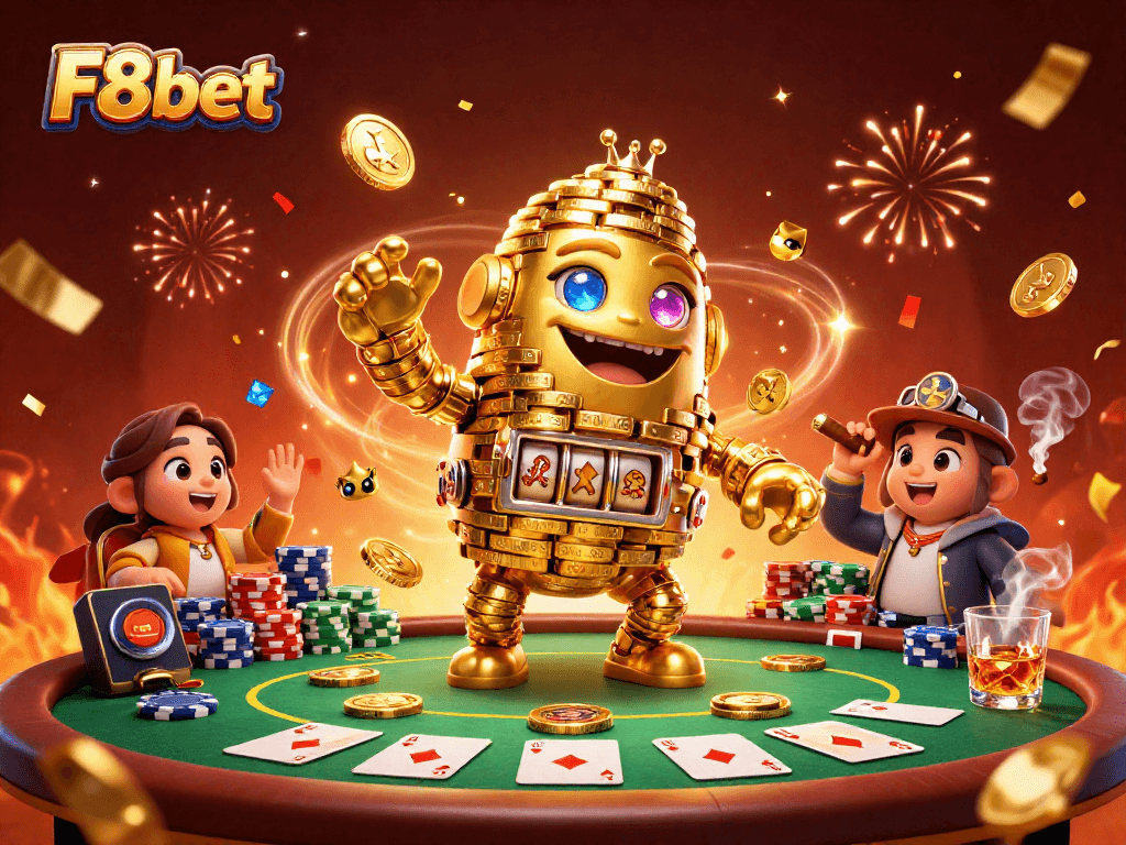 Engage in thrilling gaming actions with F8bet at a vibrant poker table surrounded by golden elements.