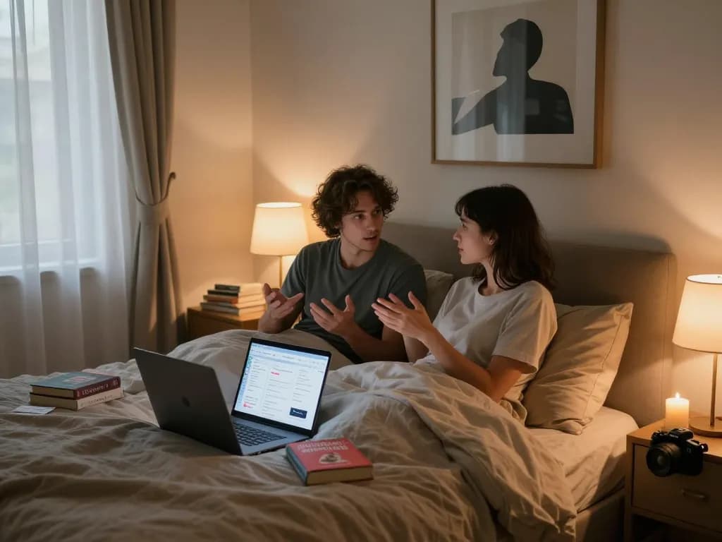 Couple exploring ai sex technology in an intimate bedroom setting, discussing personal experiences.