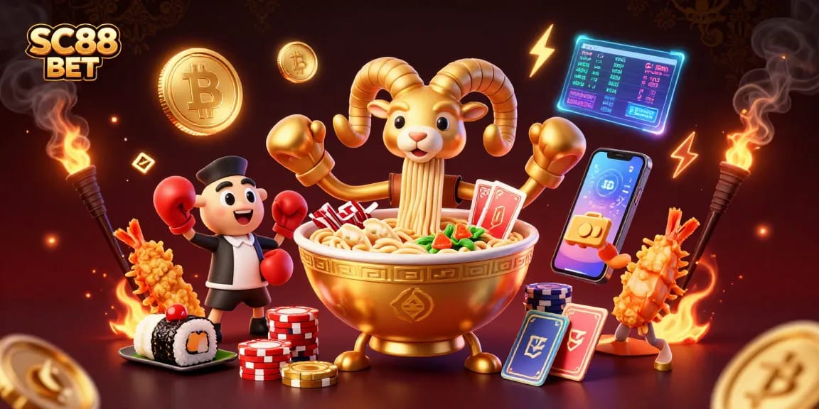 Engage with SC88 BET at this vibrant casino scene featuring a golden ramen bowl dealer and crypto elements.