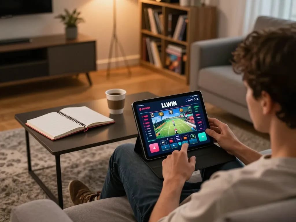 The engaging experience of online gaming at trang chủ llwin, featuring a user immersed in gameplay on a cozy tablet setup.