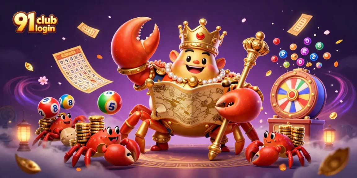 Engage in the 91 club login experience with a colorful 3D casino scene featuring a golden crab emperor surrounded by dynamic game elements.