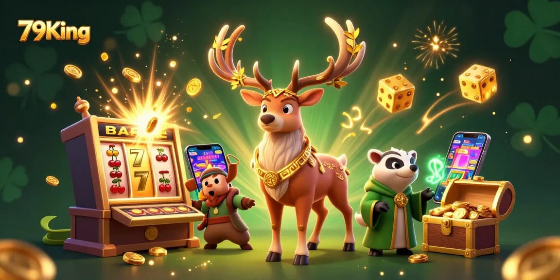 Experience the excitement of 79King with thrilling casino games amidst a magical 3D scene.