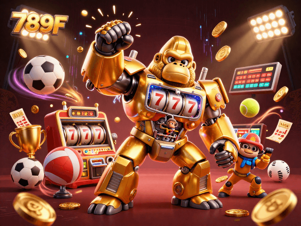 Engage with 789F's exciting gaming experience through a vibrant 3D casino illustration featuring dynamic characters and game elements.