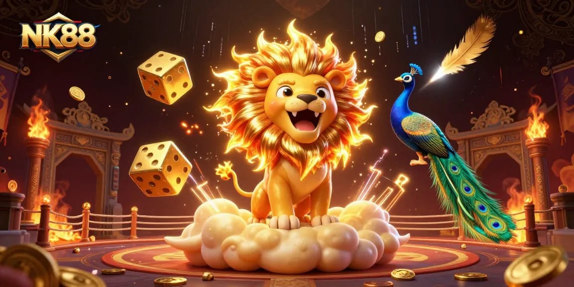Join the excitement of NK88 with a vibrant illustration of fun casino elements, golden dice, and a roaring sun lion!