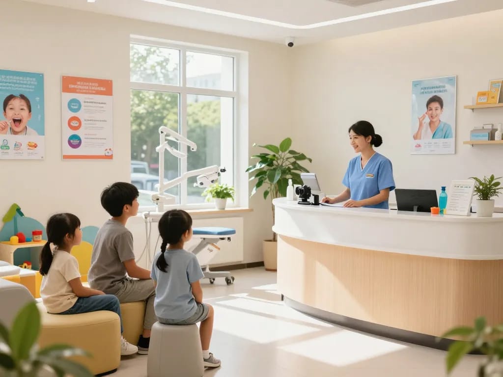Dental clinic near me - welcoming reception area with friendly staff and comfortable seating for families.