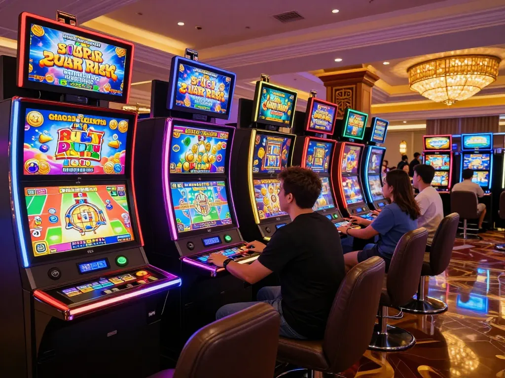 Players enjoying the thrilling Pragmati Play slot machines in a lively casino atmosphere.