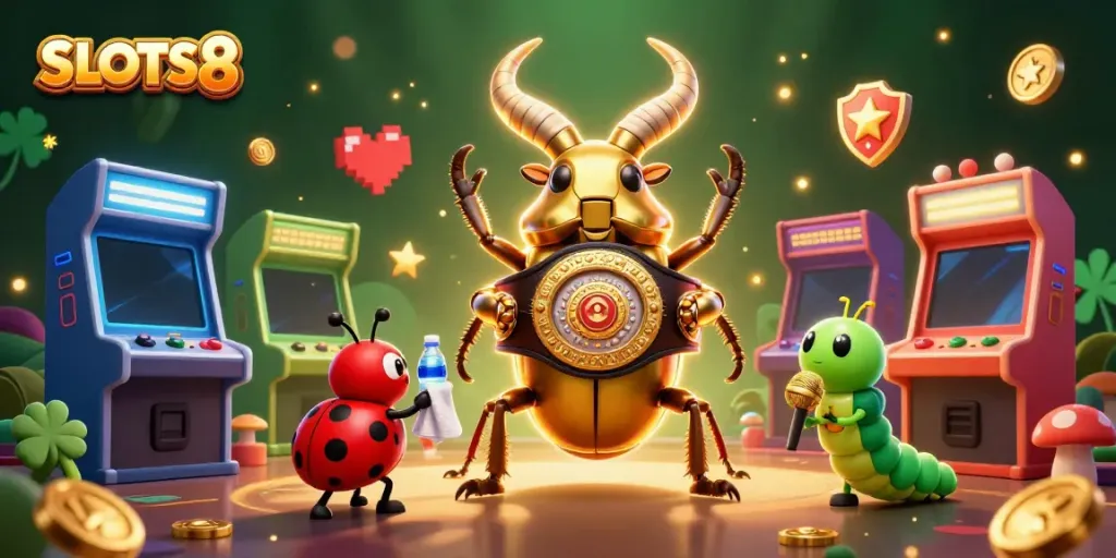 SLOTS8 showcases an epic boxing match between a giant golden stag beetle and a friendly ladybug in a vibrant casino.