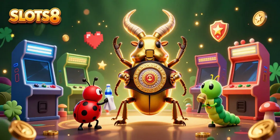 SLOTS8 showcases an epic boxing match between a giant golden stag beetle and a friendly ladybug in a vibrant casino.