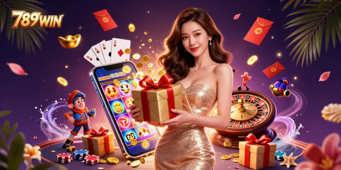 Join the excitement at 789WIN with a captivating scene of a glamorous Asian woman celebrating with winning coins and festive decorations.