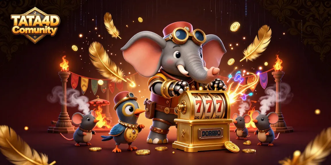 TATA4D Comunity showcases a vibrant slot machine scene with a steampunk elephant and animated characters.