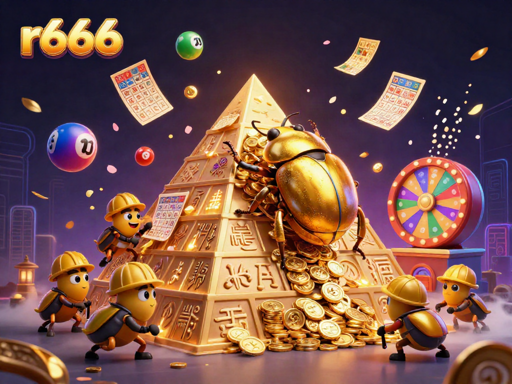 Join the excitement at r666 with a golden dung beetle rolling coins towards a vibrant casino pyramid.