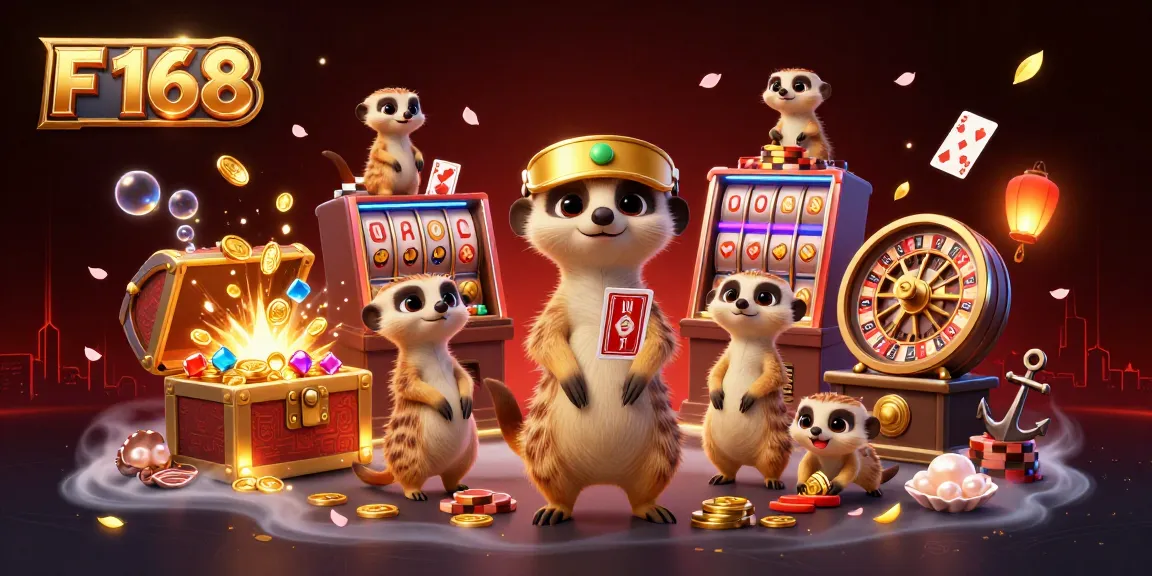 Experience thrilling wins at F 168 casino with lively meerkats managing a vibrant gaming scene.