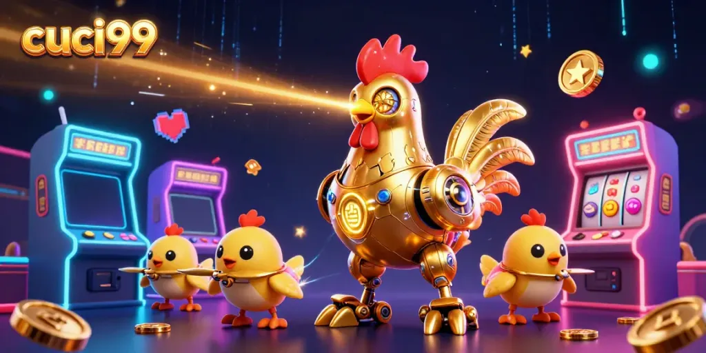 Engage with exciting gaming at cuci99, featuring a golden rooster robot and vibrant arcade elements.