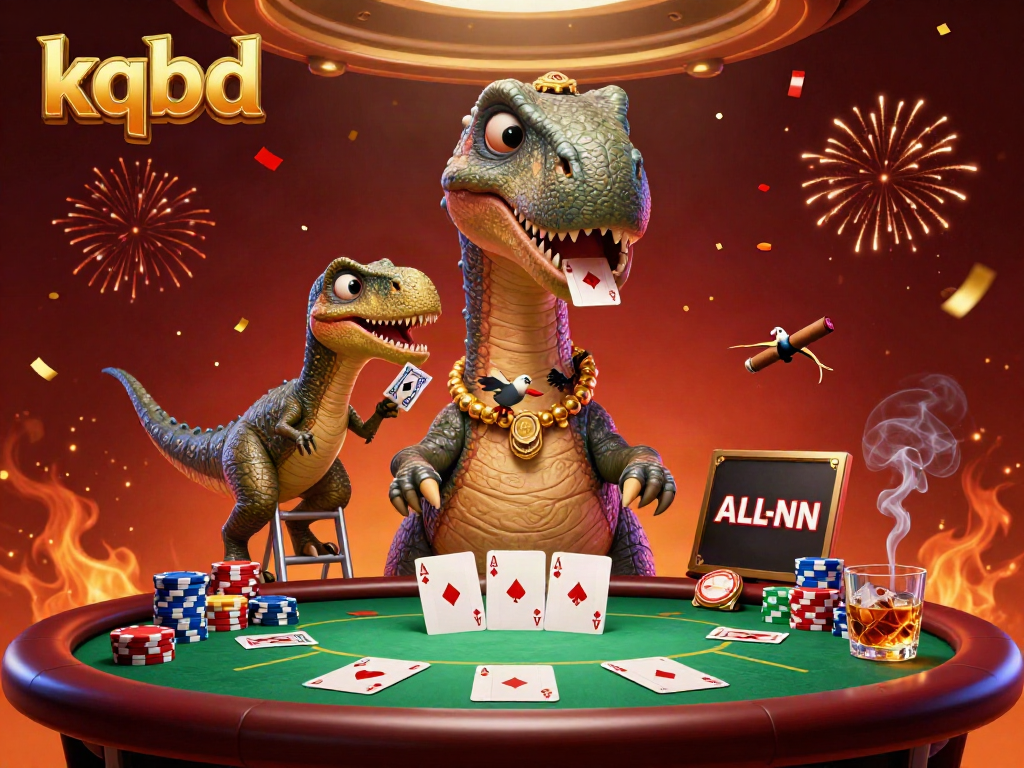 Experience live action with kqbd as a brontosaurus towers over a vibrant poker game, showcasing excitement and strategy.