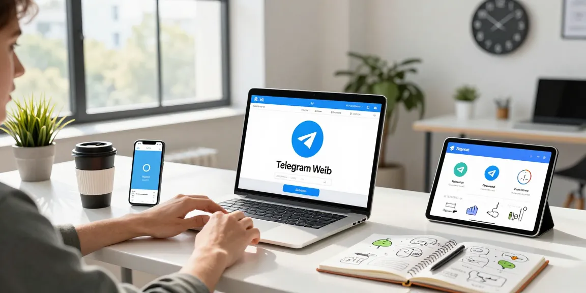 Professional using Telegram Web on a laptop in a vibrant office workspace with tech gadgets.