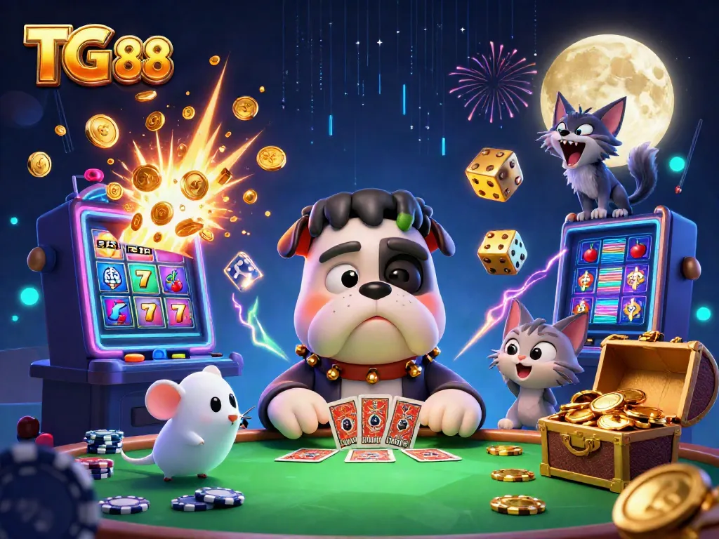 Play exciting games at TG 88's vibrant casino with a cartoon bulldog monster and werewolf kitten.