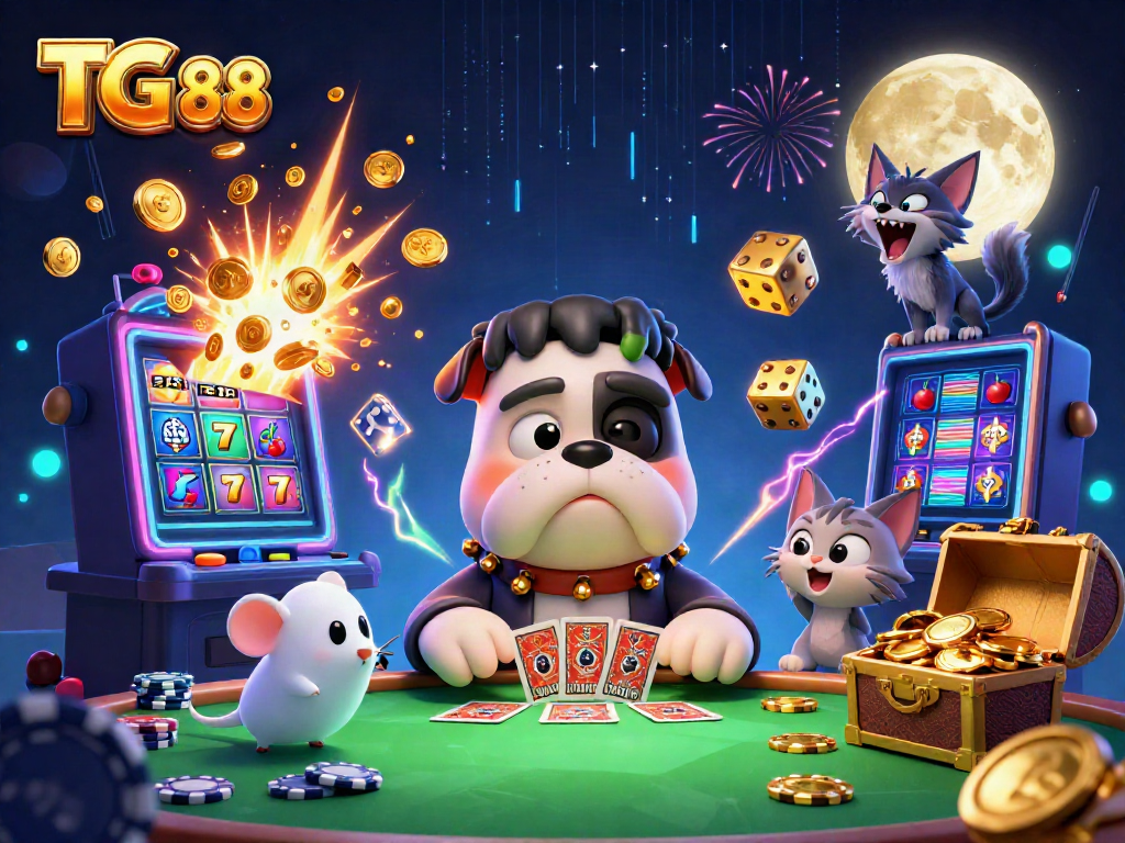 Play exciting games at TG 88's vibrant casino with a cartoon bulldog monster and werewolf kitten.