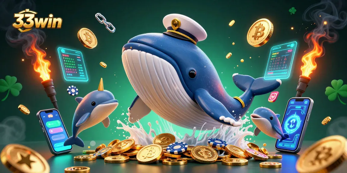 Experience exciting gameplay at 33win with the vibrant cartoon whale breaching over coins and crypto elements.