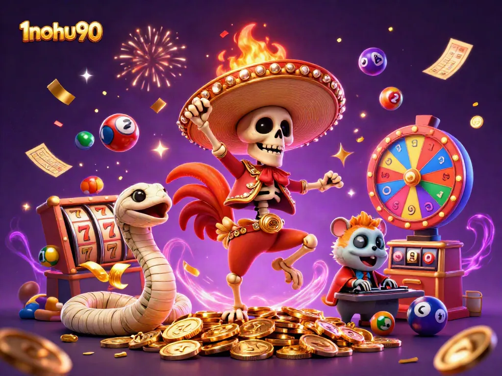 Experience the excitement of 1nohu90 with a festive scene featuring a jackpot dance and colorful gaming elements.