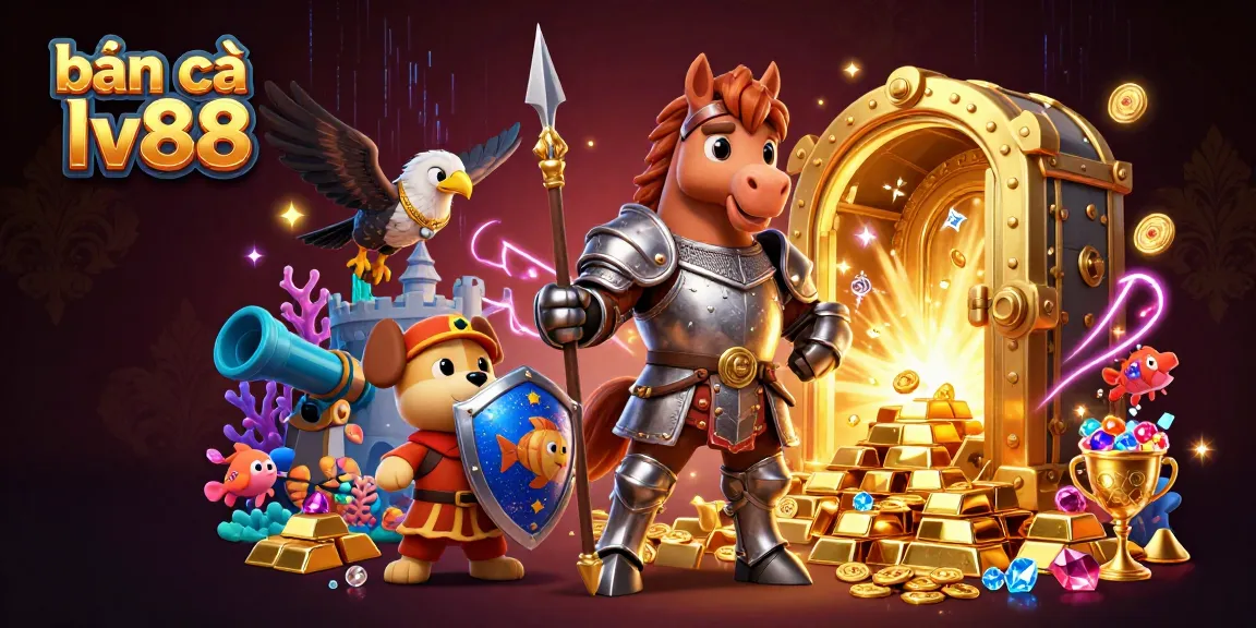Bắn cá lv88 game scene featuring a knight, squire puppy, and falcon among gold treasures and underwater elements.