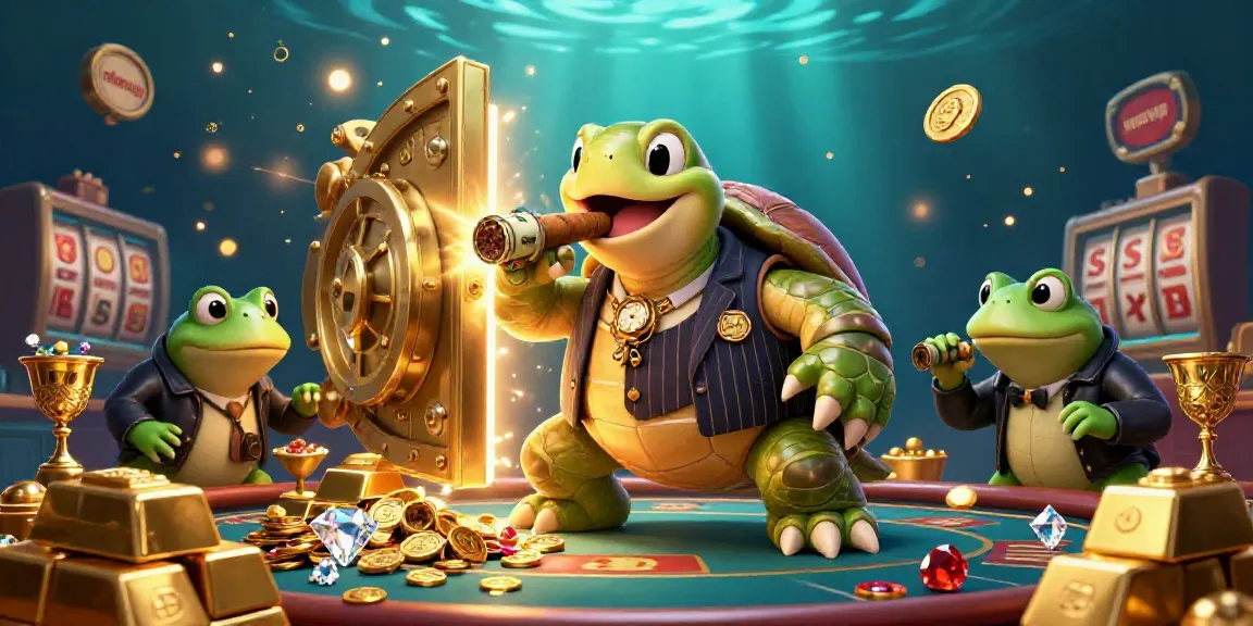 Nhatvip casino experience with a turtle mobster and bullfrog enforcers amidst treasure and jewels.