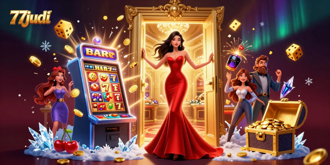Experience excitement at 77judi with a stunning 3D casino illustration showcasing vibrant games and luxury ambiance.