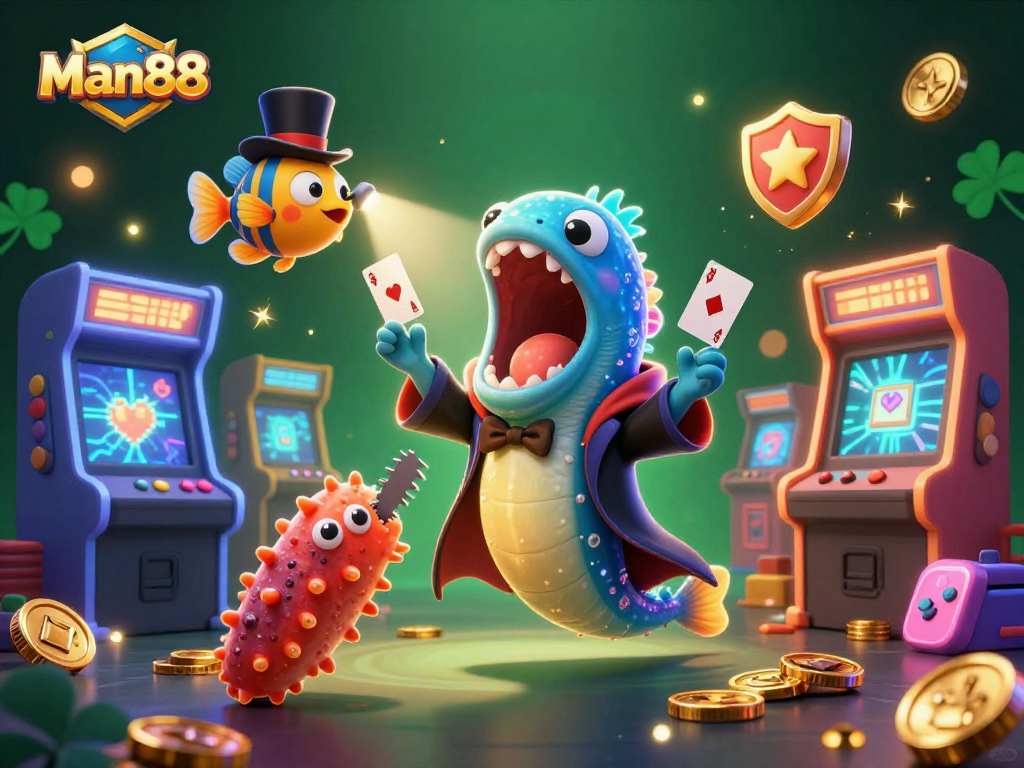 Experience thrilling wins at Man88 with a vibrant 3D casino scene showcasing unique gaming elements.
