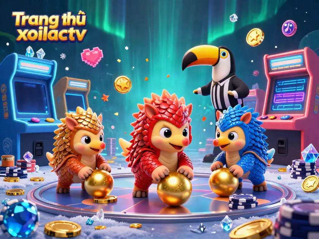 Experience high-energy ball rolling with rival pangolins in "Trang chủ xoilactv" casino-style illustration.