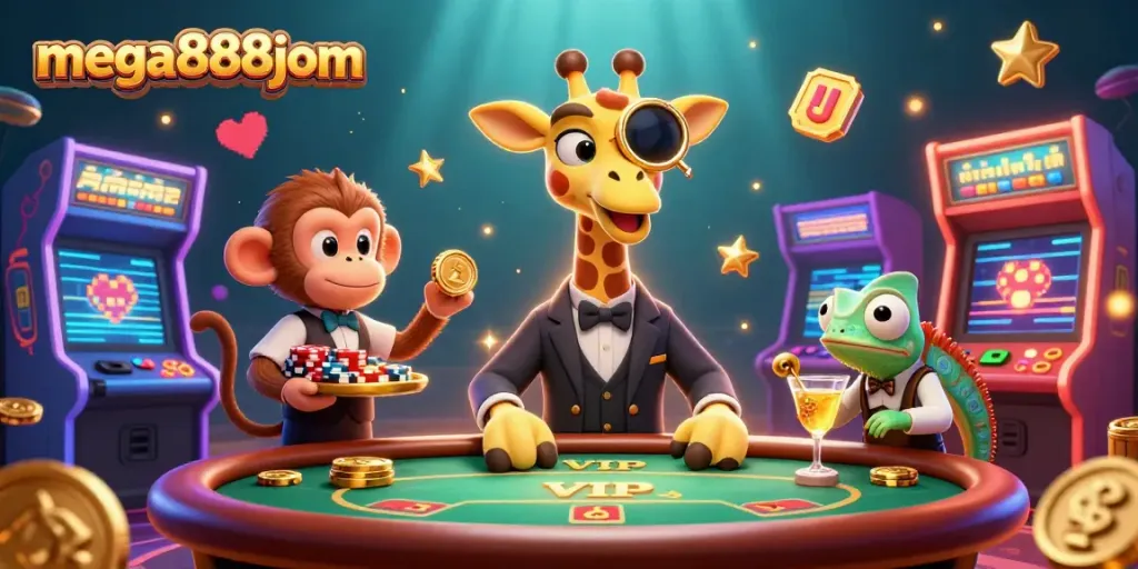 Engage with mega888jom's vibrant casino atmosphere featuring cartoon characters and captivating gaming elements.