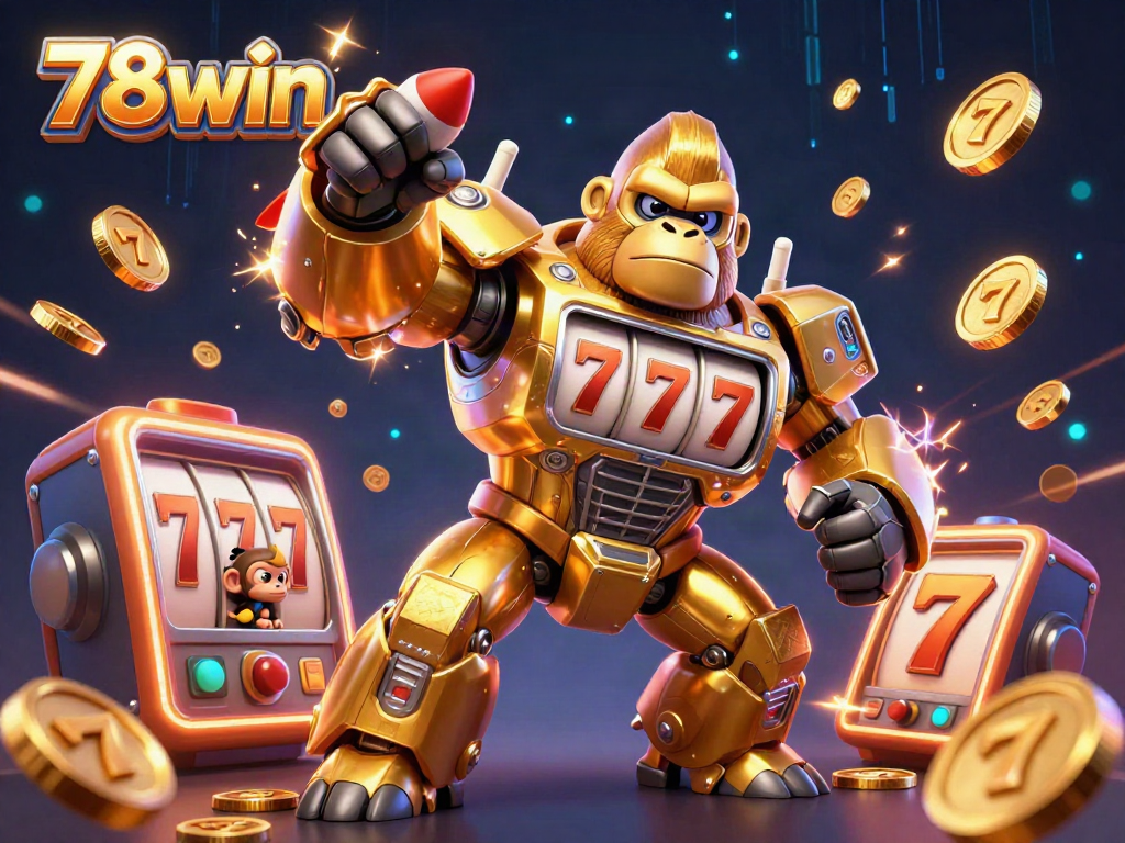 Experience big wins with the dynamic 78win golden gorilla mech in action, amidst vibrant casino elements.