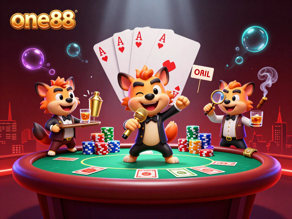 one88 hyenas bring comedy to casino gaming while standing by poker tables in a vibrant atmosphere