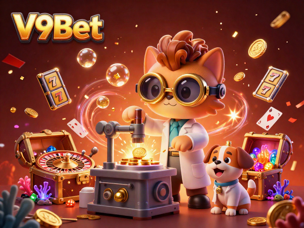 V9Bet features a lively 3D scene of a mad scientist cat and assistant creating a jackpot machine amid casino elements.