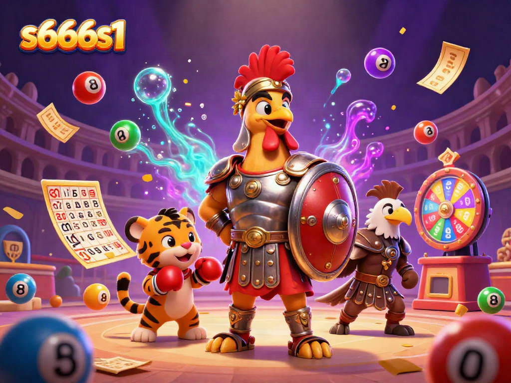 Engage in thrilling games at s666s1 with colorful lottery balls and a dynamic casino scene