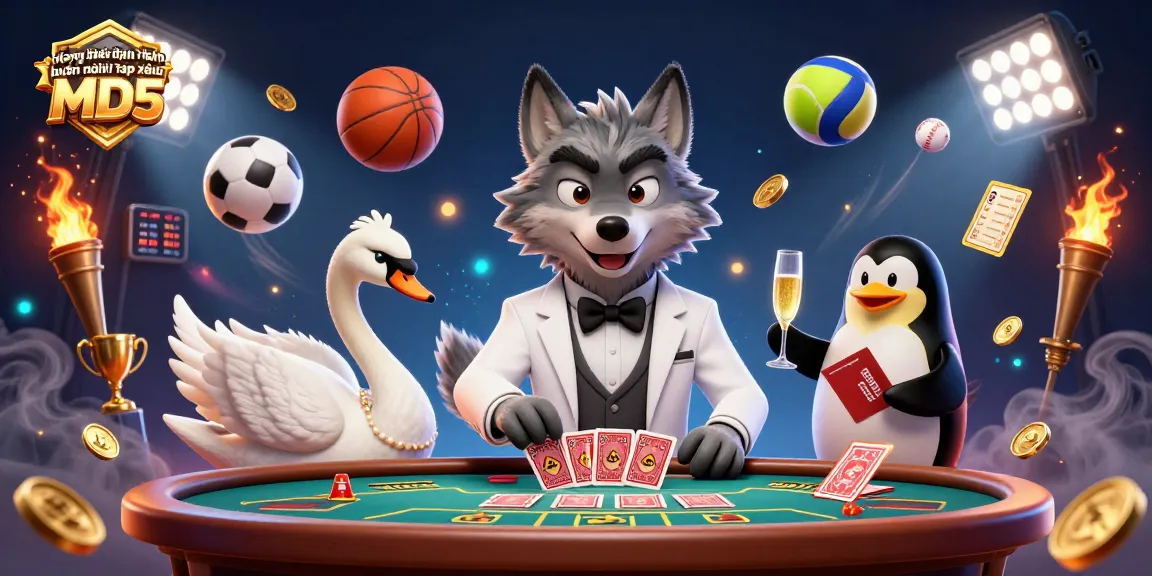Engage & win with Hướng dẫn nhận khuyến mãi nạp đầu Tài xỉu MD5, featuring a debonair wolf and elegant swan.