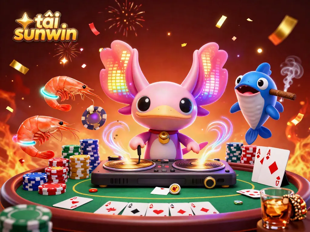Experience excitement as you tải sunwin with our dynamic casino scene featuring playful characters and vibrant gambling elements.