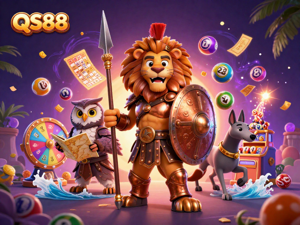 Engage with QS88's vibrant lottery scene featuring colorful balls, a golden bingo card, and dynamic characters.