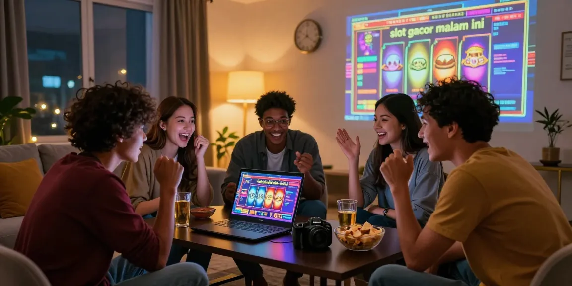 Exciting gaming night with friends playing slot gacor malam ini on a laptop, showcasing vibrant graphics and lively atmosphere.