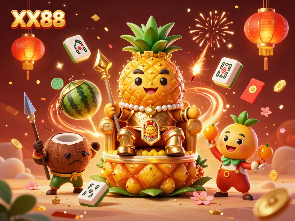 Engaging scene of the XX88 golden pineapple king and companions celebrating in a vibrant casino atmosphere.
