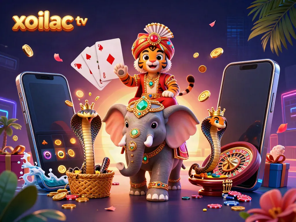Engage with exciting gambling action on xoilac tv featuring tiger and elephant in dynamic casino scene.