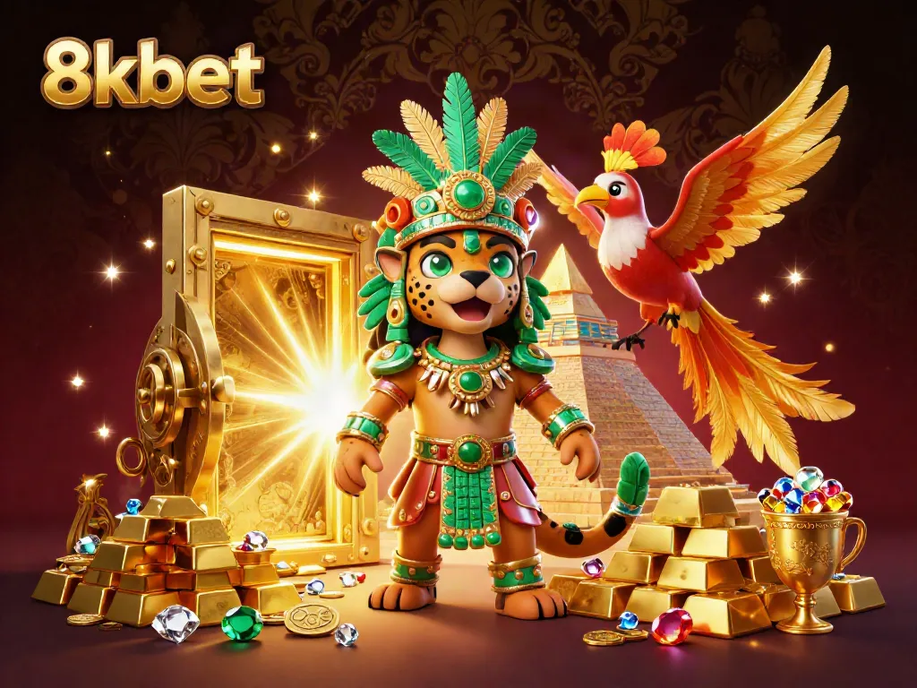 Engage with thrilling games at 8kbet, featuring a 3D cartoon Mayan jaguar priest surrounded by treasure and vibrant casino elements.