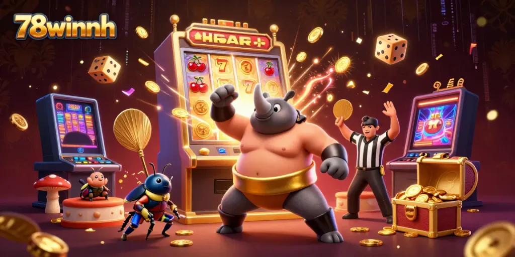 Experience thrilling action with 78winnh’s cartoon sumo beetle champion amidst flying coins and jackpot elements.