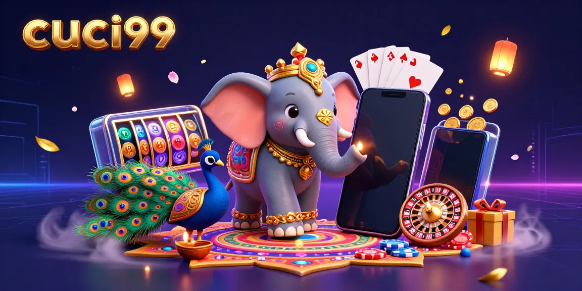 Cuci99 illustration showcasing a vibrant casino scene with a Diwali-themed elephant and slot gaming elements