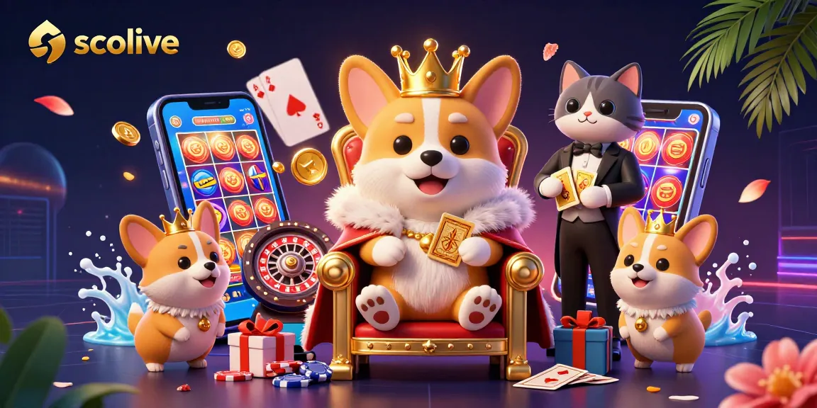 Socolive shows a royal corgi on a poker chip throne while interacting with dynamic casino elements.