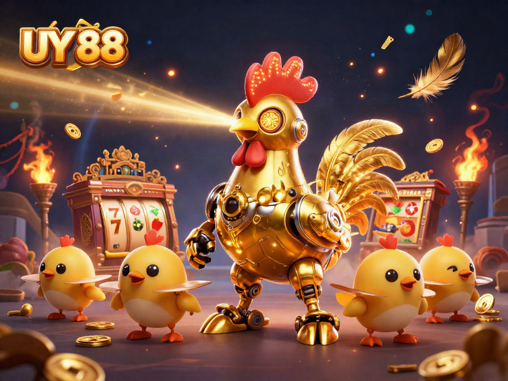 Experience the thrill of UY 88 casino with a dynamic 3D illustration featuring a golden rooster robot amidst golden game symbols.