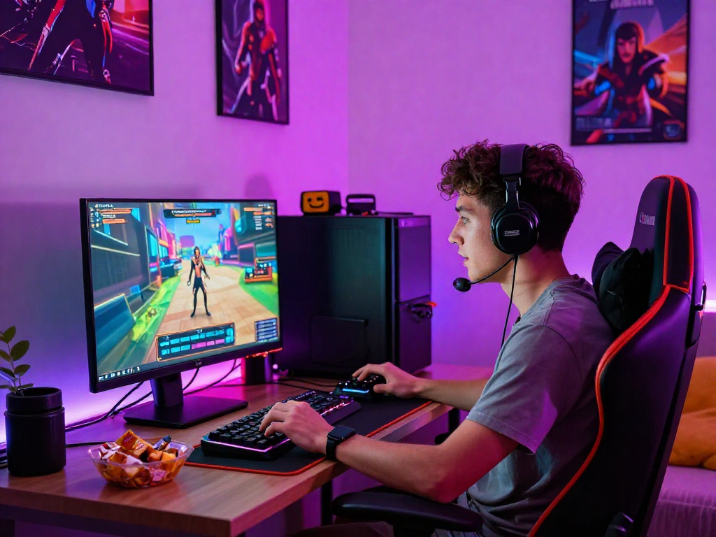 Engaged gamer playing online sex games with vibrant setup and LED lights