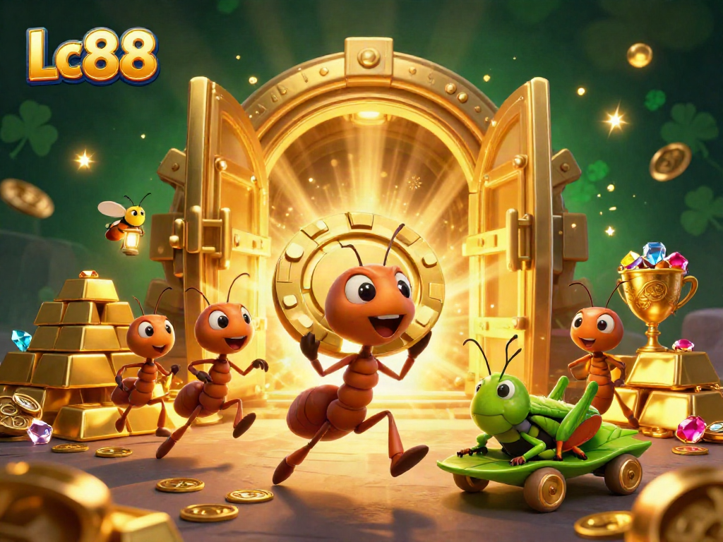 Join the Lc88 heist as ants steal a giant poker chip in this vibrant casino scene.