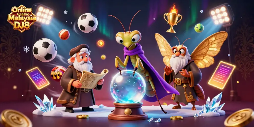 Online Casino Malaysia DJ8, featuring a vibrant illustration with fortune tellers and dynamic game elements.